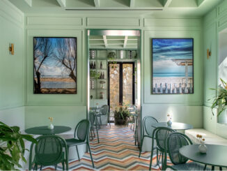 alt="Bar Galatea hospitality interior in Mondello with pastel green boiserie, geometric flooring and contemporary Mediterranean atmosphere"