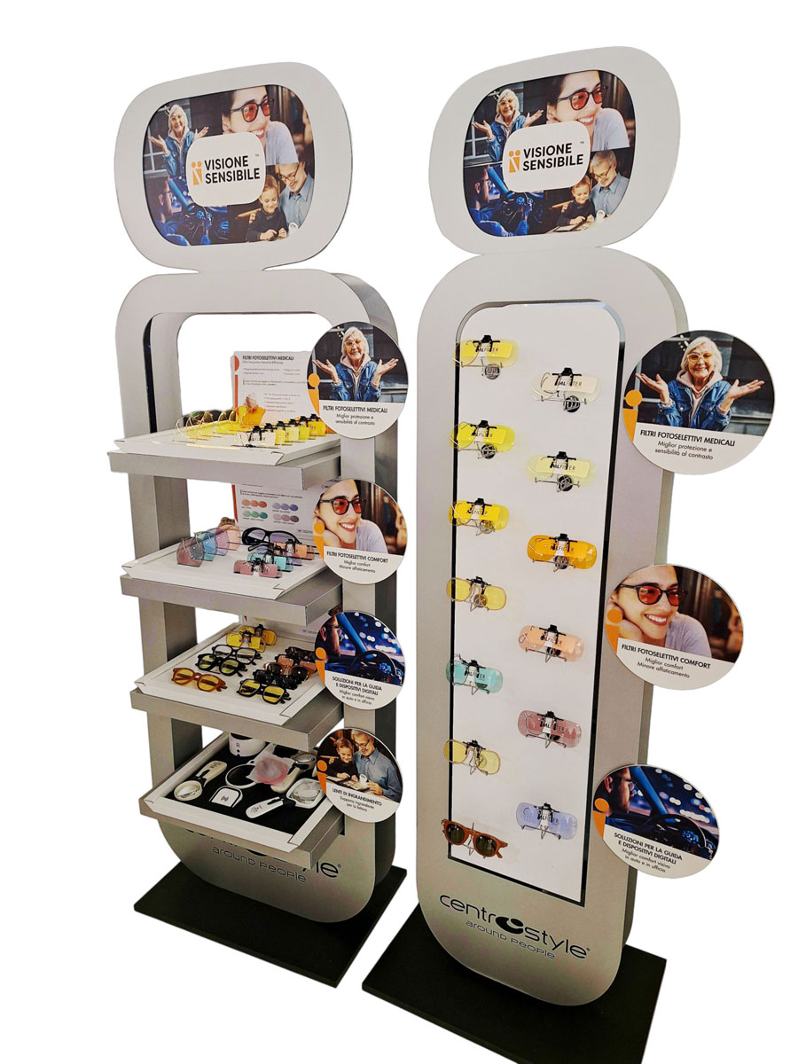 Floor-standing retail display for optical products with custom structure, lens filter supports and integrated visual communication