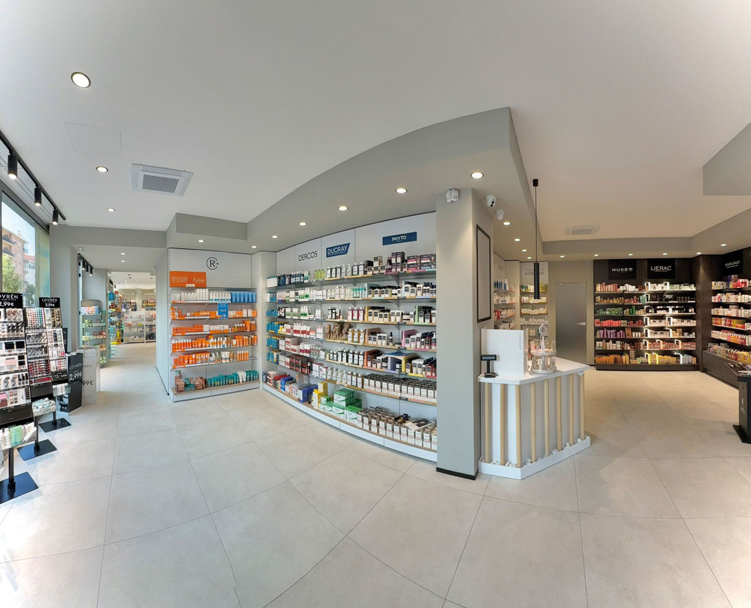 Internal pharmacy pathway with product displays and natural materials