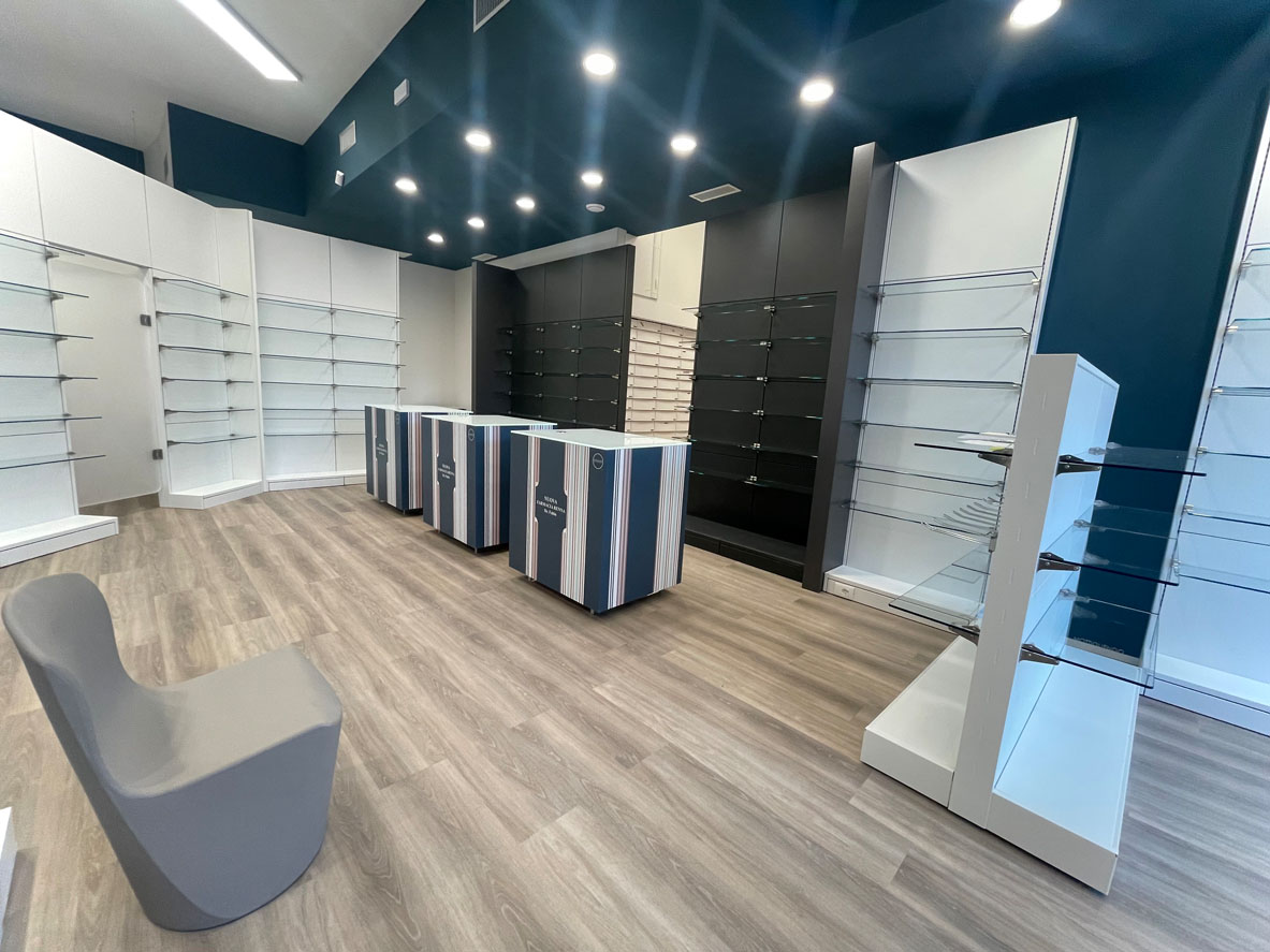 Pharmacy interiors with light materials and modular display systems