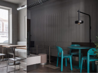 Area seating del Portland Coffee a Saratov con sedute turchesi, pannelli verticali scanalati e illuminazione industriale minimale