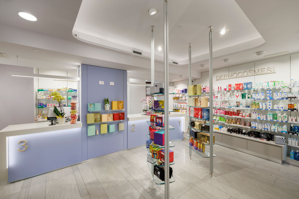 Pharmacy counter with numbered service stations, back-counter display and coordinated internal communication