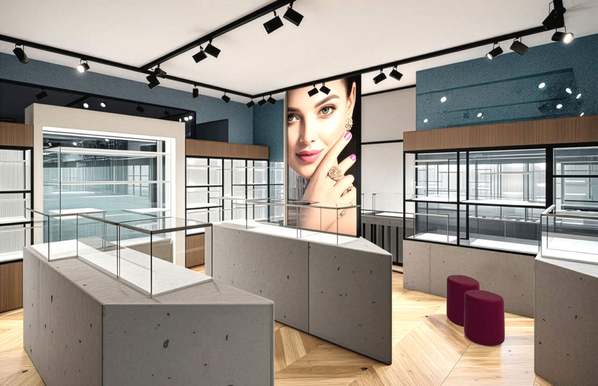Intuera jewelry store with central glass display islands and track lighting