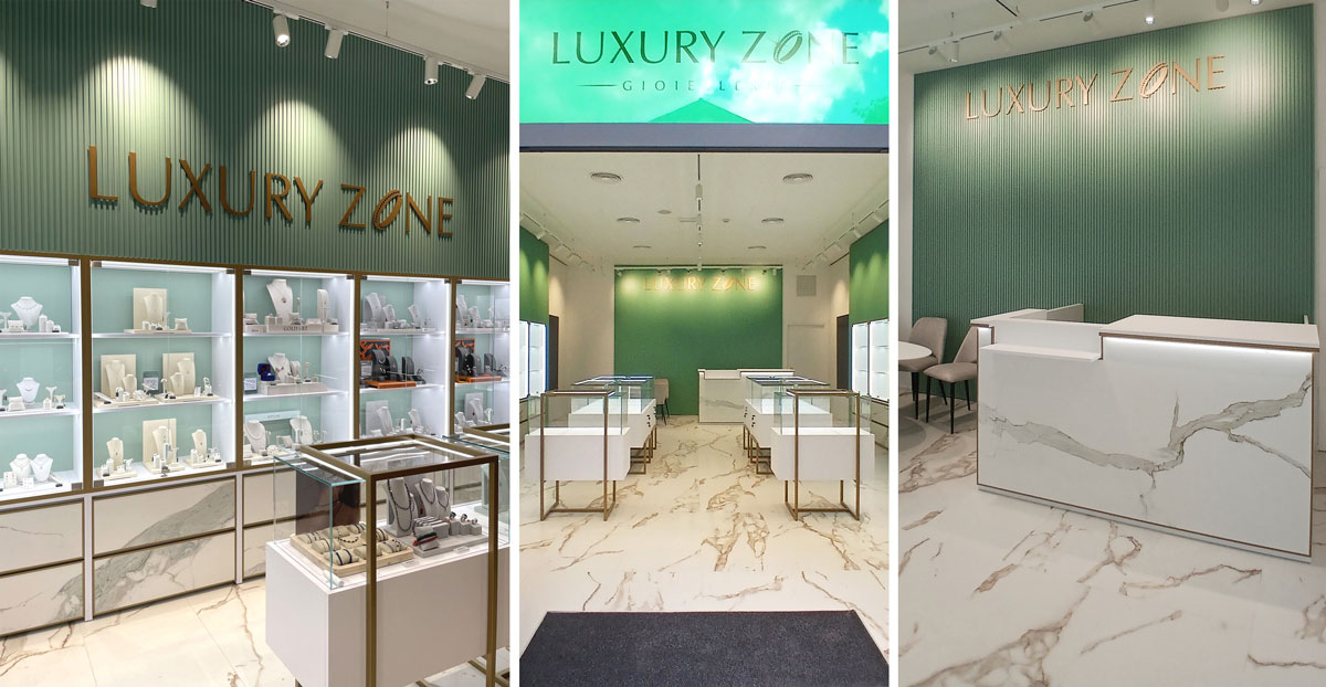 Luxury Zone jewelry store with marble-effect surfaces and green fluted walls