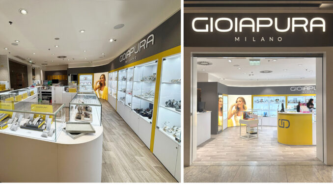 Store Gioiapura con layout espositivo lineare e vetrine illuminate per gioielli