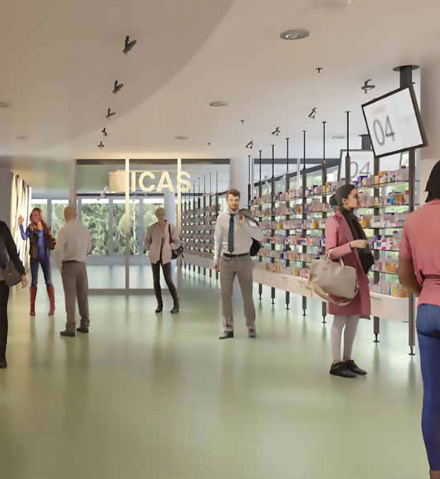ICAS modular display system for pharmacy with linear shelving and organised product categories