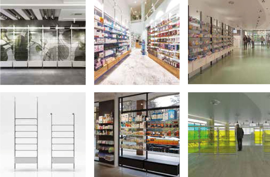 ICAS modular systems for pharmacies and retail spaces with aluminium display structures