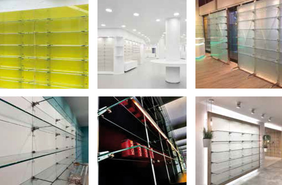 ICAS AXON modular display system for pharmacies and retail spaces with aluminium structures and glass shelves
