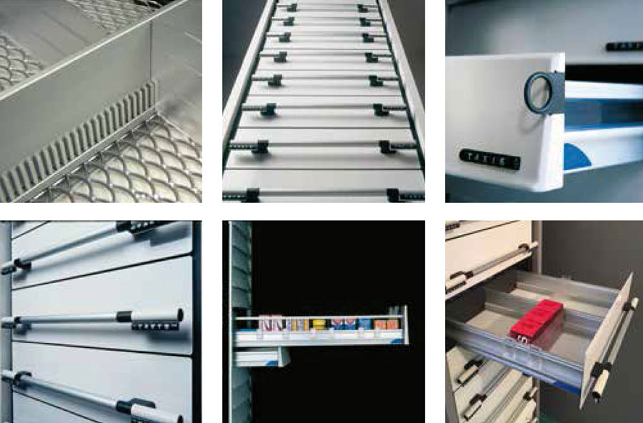TAXIS 1 and TAXIS 2 drawers with aluminium structure and telescopic extension for pharmacy product organisation