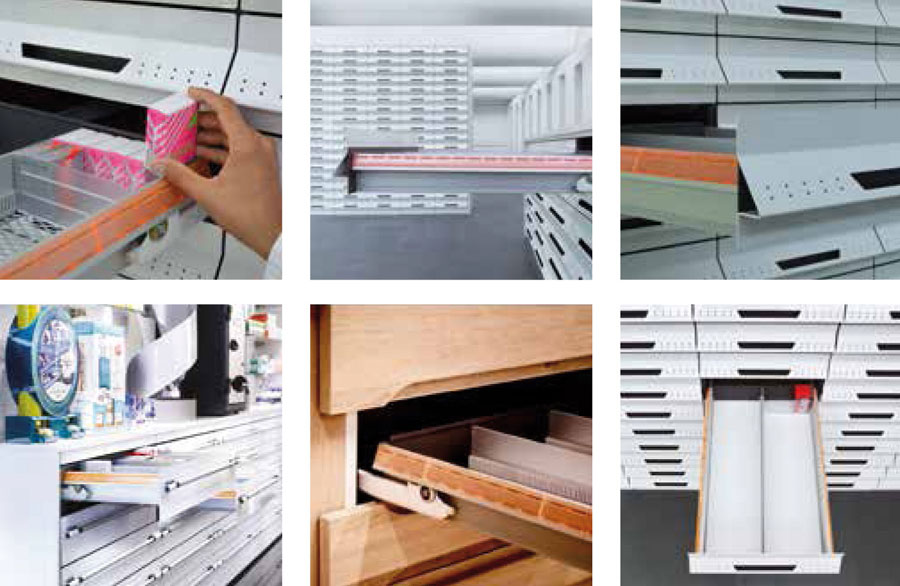 TAXIS PLUS drawers with full telescopic opening and integrated card holder for pharmacy product management