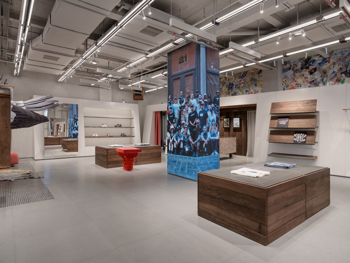 retail area with flexible display systems and urban-inspired materials