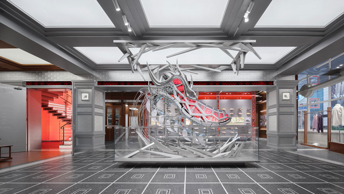 Art installation inspired by a sneaker and dragon inside the Warrior 1927 flagship store in Shanghai designed by STILL YOUNG