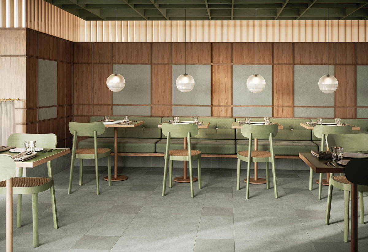 MICRO ceramic flooring installed in a restaurant interior with a natural colour palette