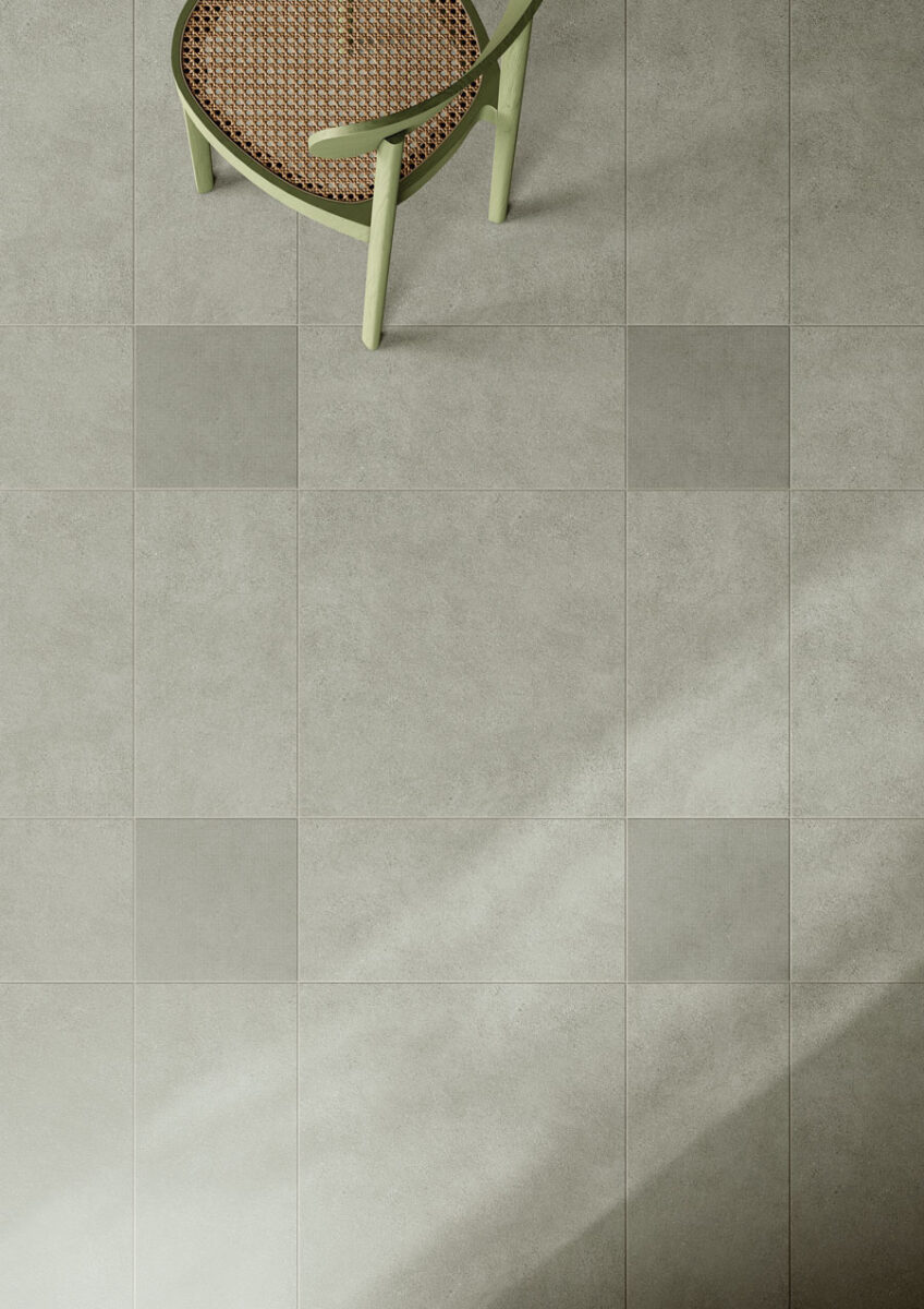 Grey ceramic tiles from the MICRO collection featuring subtle grid detailing