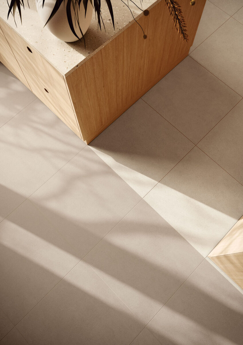 Beige ceramic flooring from the MICRO collection illuminated by natural light