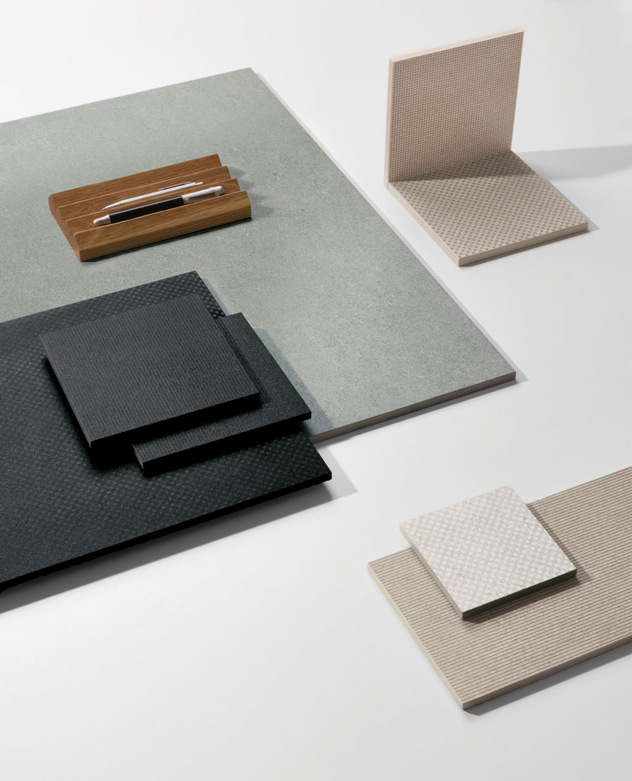 MICRO ceramic collection samples featuring textured surfaces and geometric patterns by Agrob Buchtal