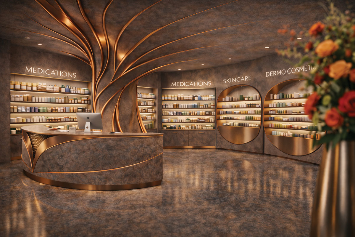 Vista della farmacia con linee organiche integrate tra pareti e soffitto, illuminazione diffusa e aree espositive retroilluminate.