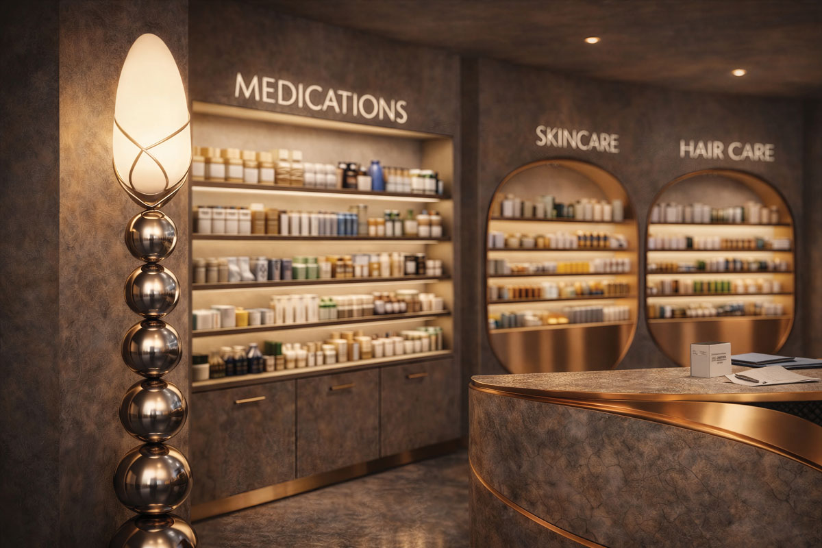 Scaffalature integrate e sistemi espositivi illuminati all'interno di una farmacia caratterizzata da finiture materiche e dettagli in rame.