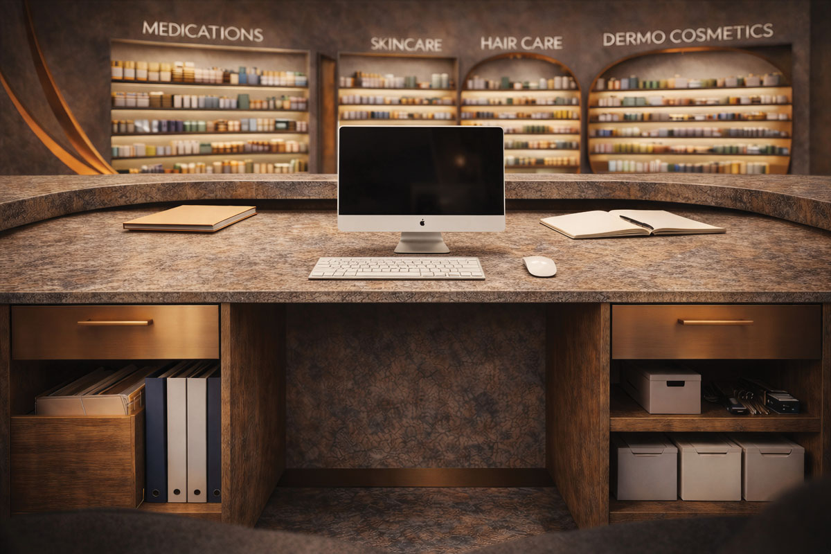 Layout di farmacia con percorsi fluidi, banco centrale e illuminazione integrata progettati per migliorare orientamento e percezione dello spazio.