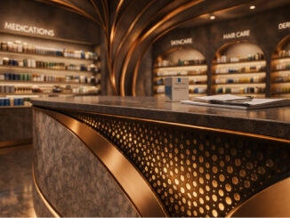 Design di farmacia con banco centrale curvilineo, inserti in rame, illuminazione integrata e aree espositive retroilluminate.