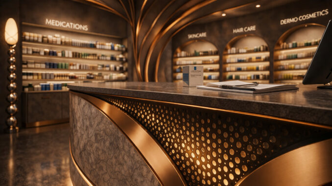 Design di farmacia con banco centrale curvilineo, inserti in rame, illuminazione integrata e aree espositive retroilluminate.
