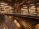 Design di farmacia con banco centrale curvilineo, inserti in rame, illuminazione integrata e aree espositive retroilluminate.