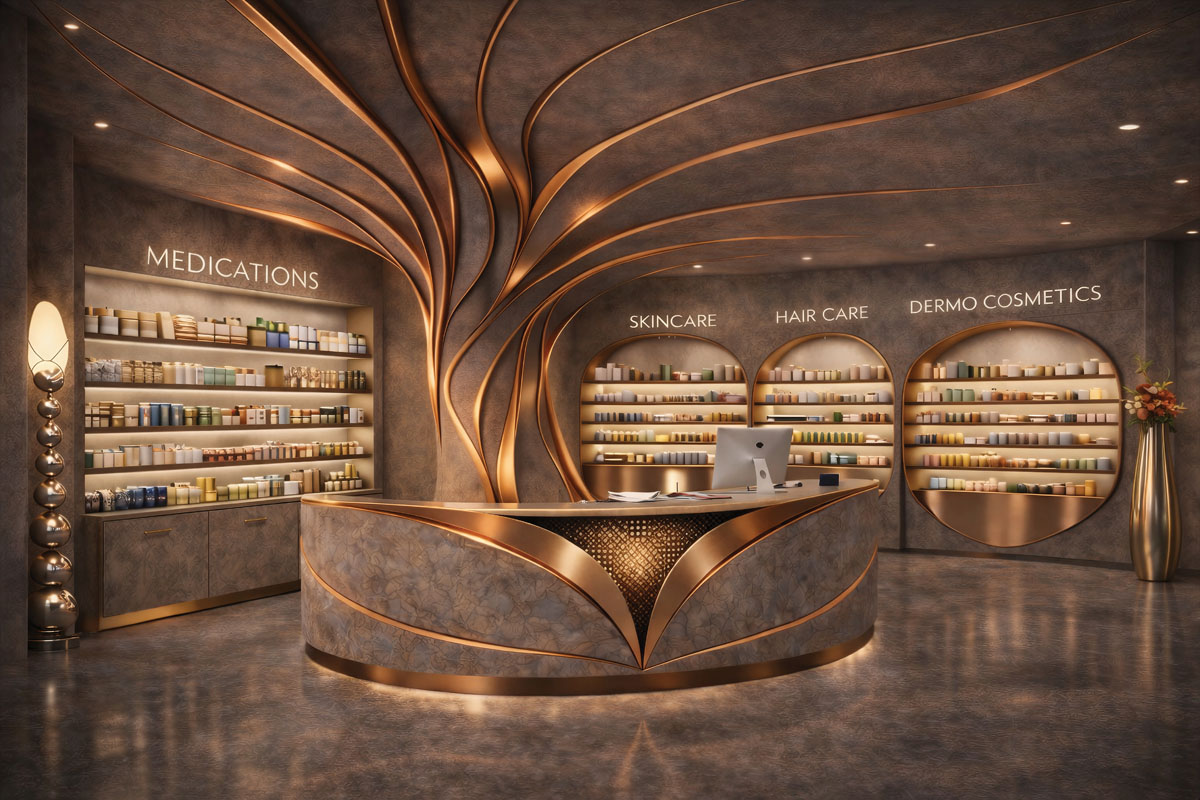 Banco centrale con finitura effetto pietra e dettagli in rame spazzolato all'interno di una farmacia progettata da PHARM ART, con scaffalature retroilluminate dedicate a farmaci e dermocosmesi.