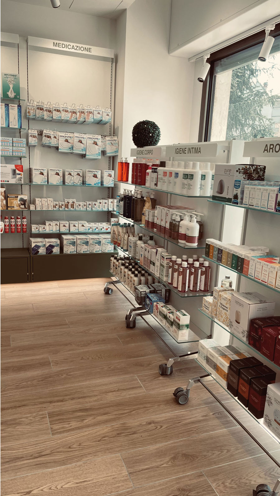 Pharmacy counter area with service stations, back-counter displays and transparent panels