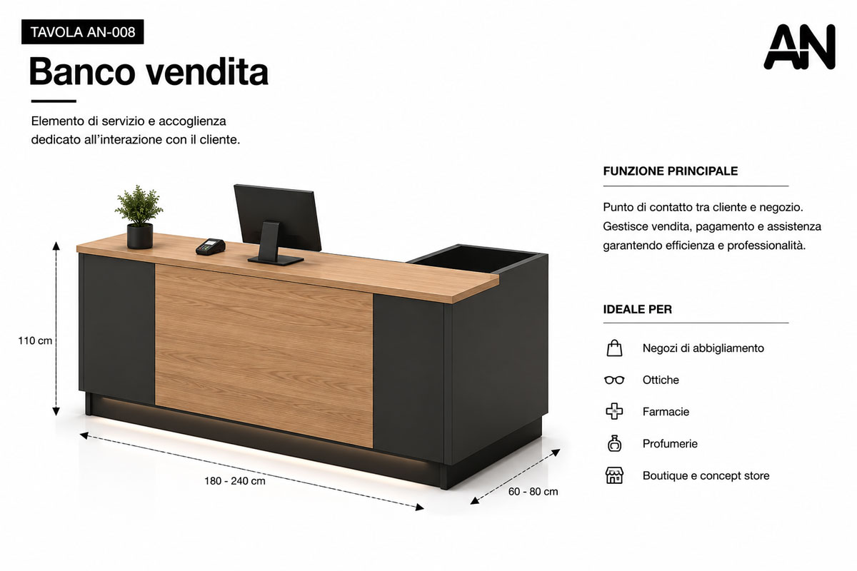Banco vendita per negozio con cassa, piano di lavoro e area di servizio al cliente.