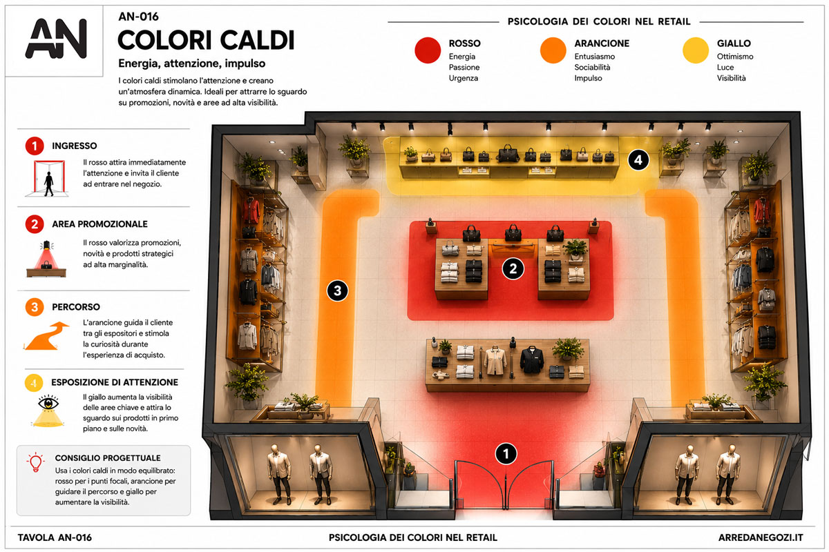 Tavola sui colori caldi nel retail con applicazione di rosso, arancione e giallo nel progetto di un negozio.