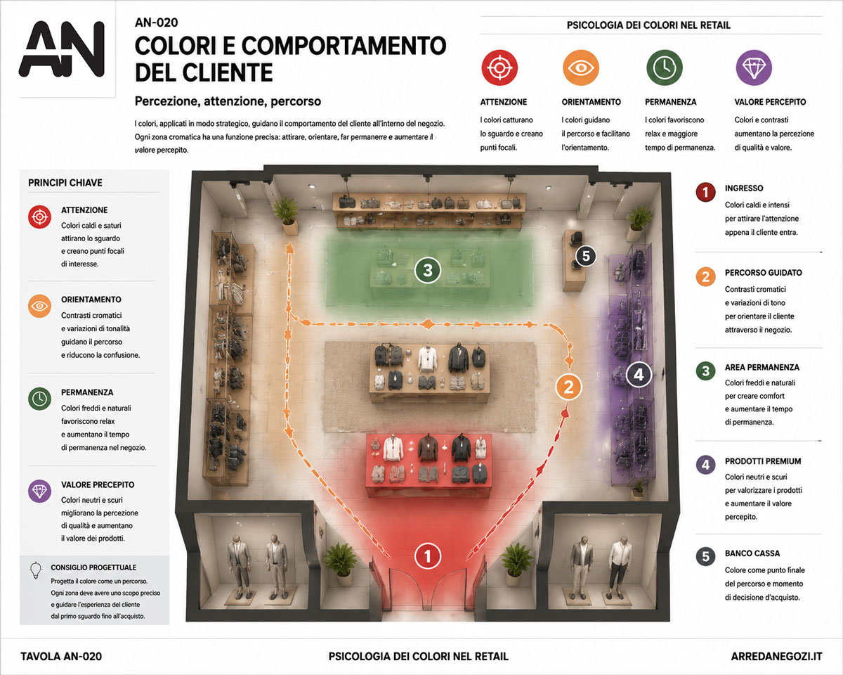 Tavola sui colori e comportamento del cliente nel retail con attenzione, orientamento, permanenza e valore percepito.