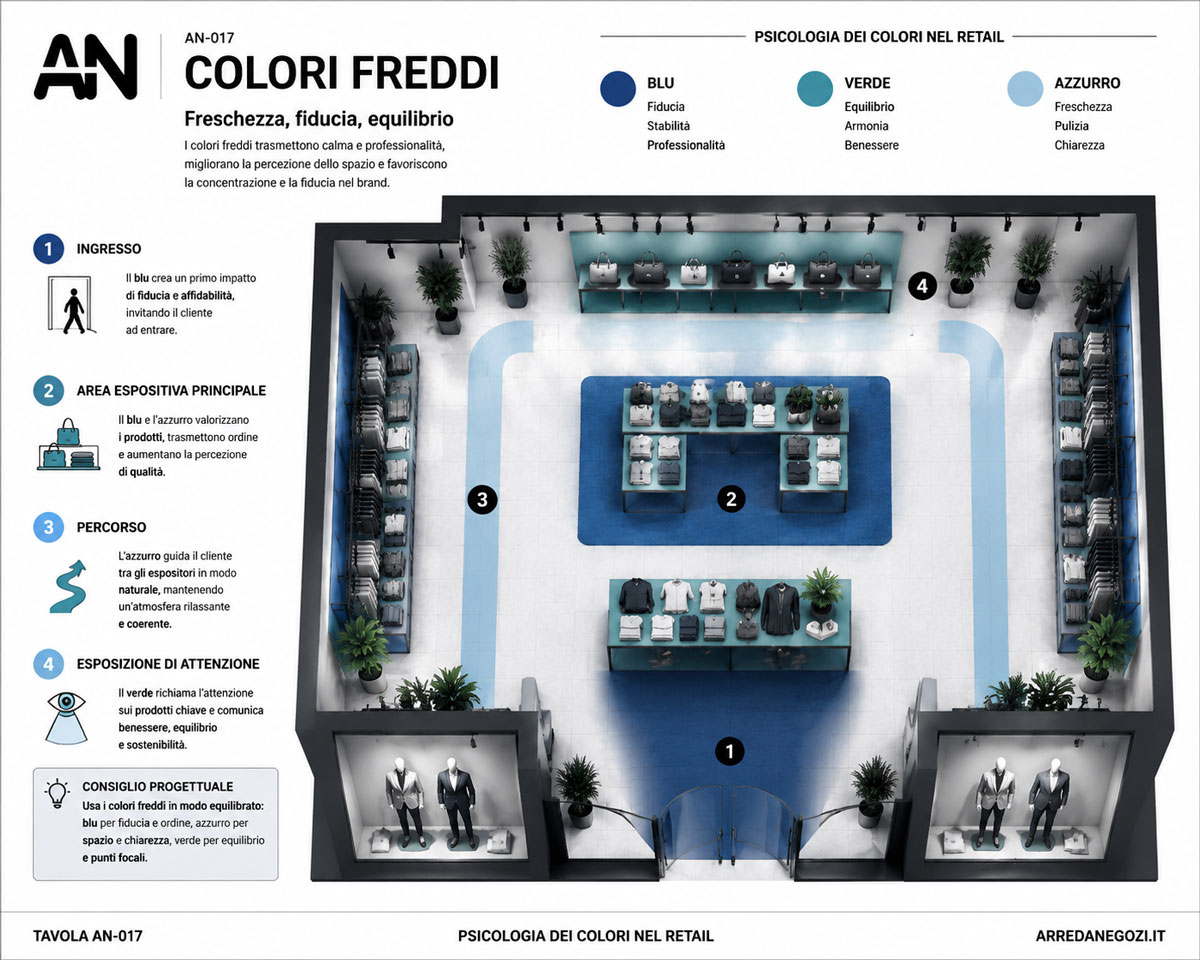 Tavola sui colori freddi nel retail con applicazione di blu, verde e azzurro nel progetto di un negozio.
