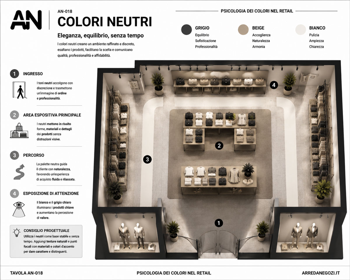 Tavola sui colori neutri nel retail con applicazione di bianco, grigio, nero e beige nel progetto di un negozio.