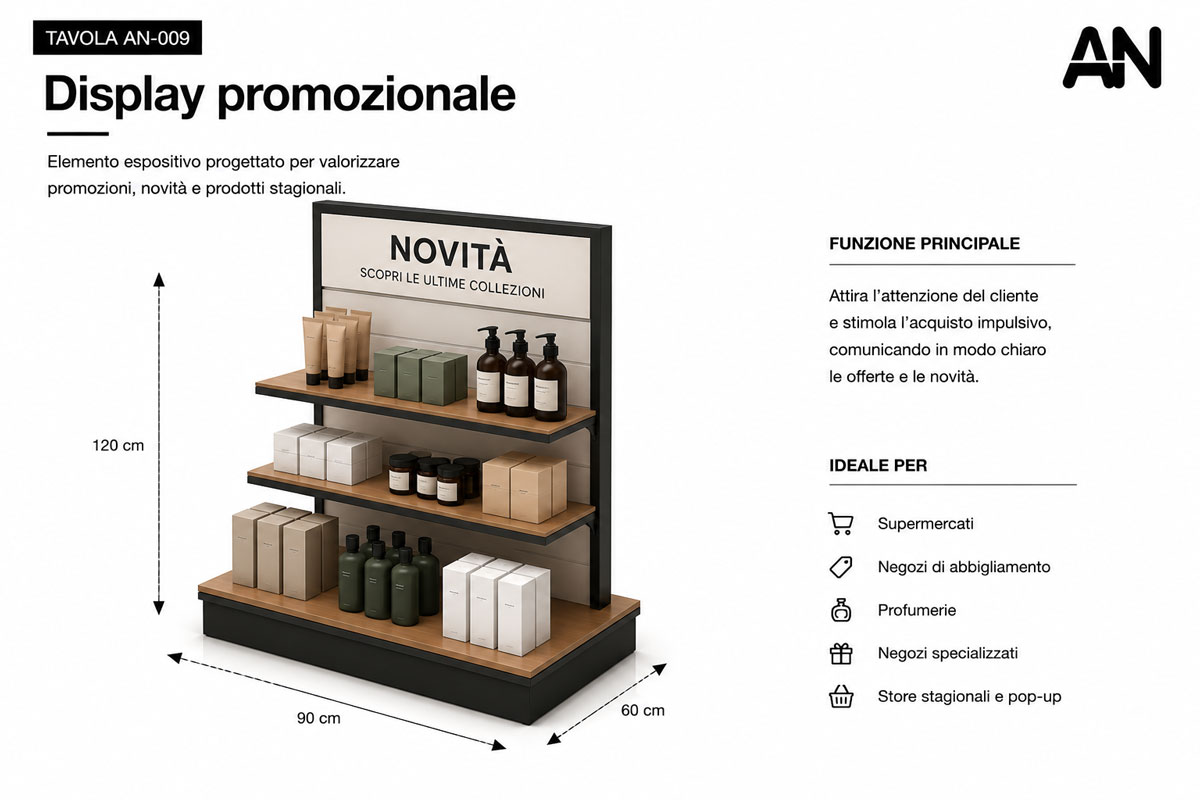 Display promozionale per negozio dedicato a novità, offerte e prodotti stagionali.