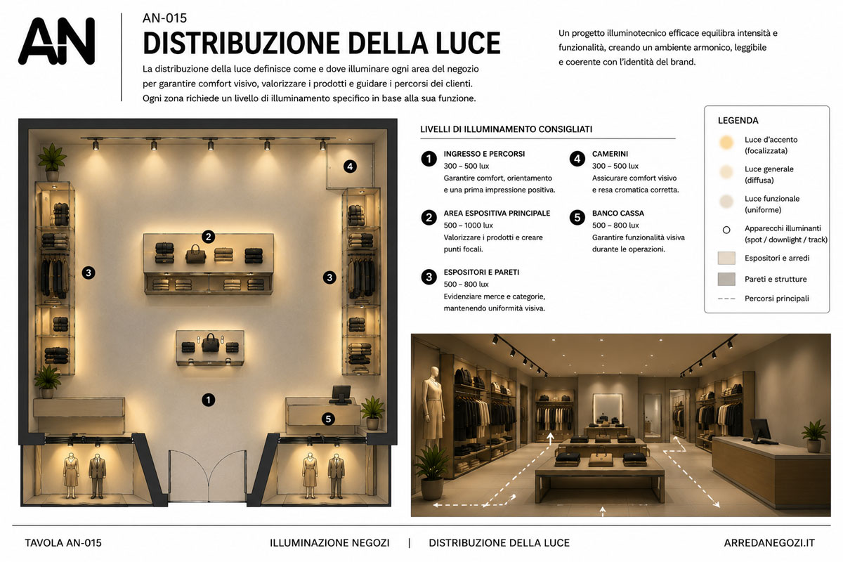 Schema della distribuzione della luce nel negozio tra ingresso, espositori, percorsi e banco vendita.