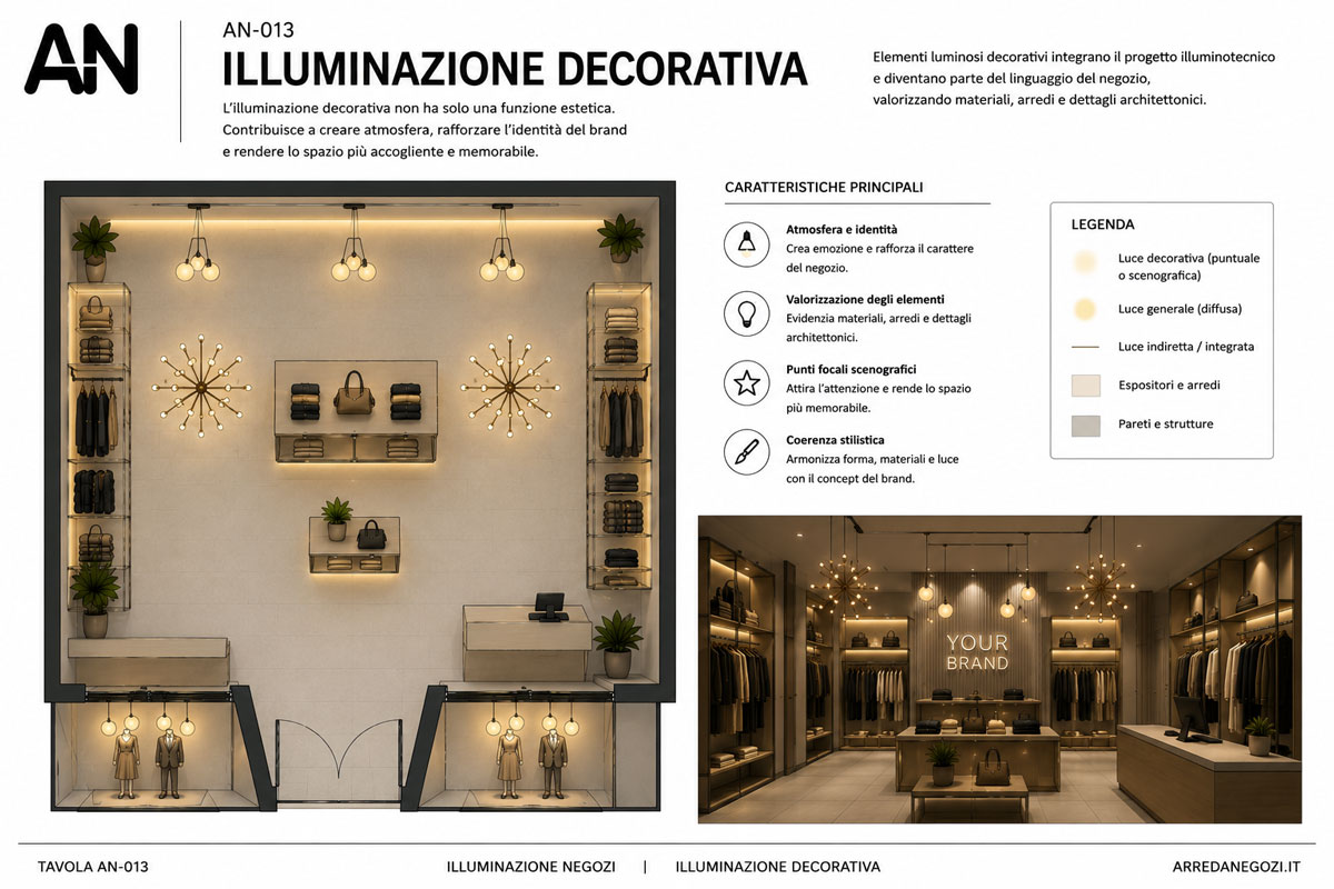 Schema di illuminazione decorativa per negozi con elementi luminosi scenografici.