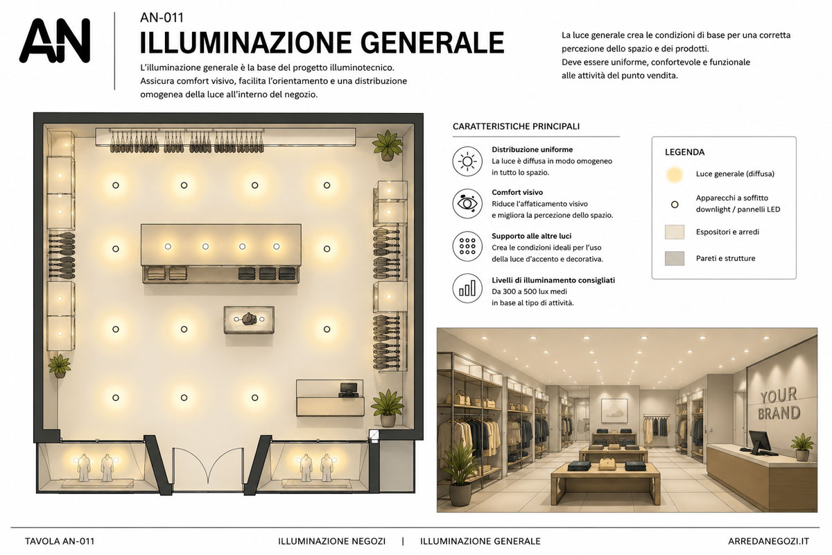 Schema di illuminazione generale per negozi con distribuzione uniforme della luce.