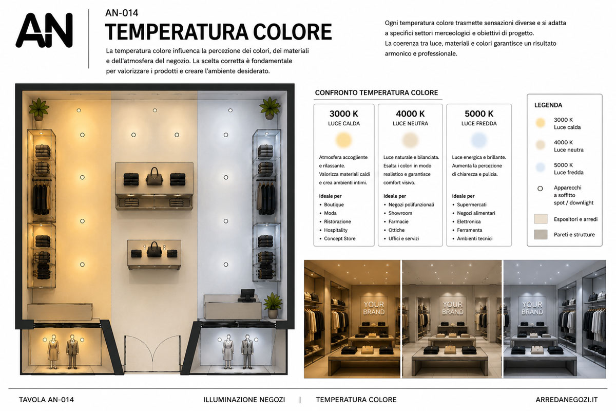 Schema della temperatura colore nell'illuminazione per negozi con confronto tra luce calda, neutra e fredda.
