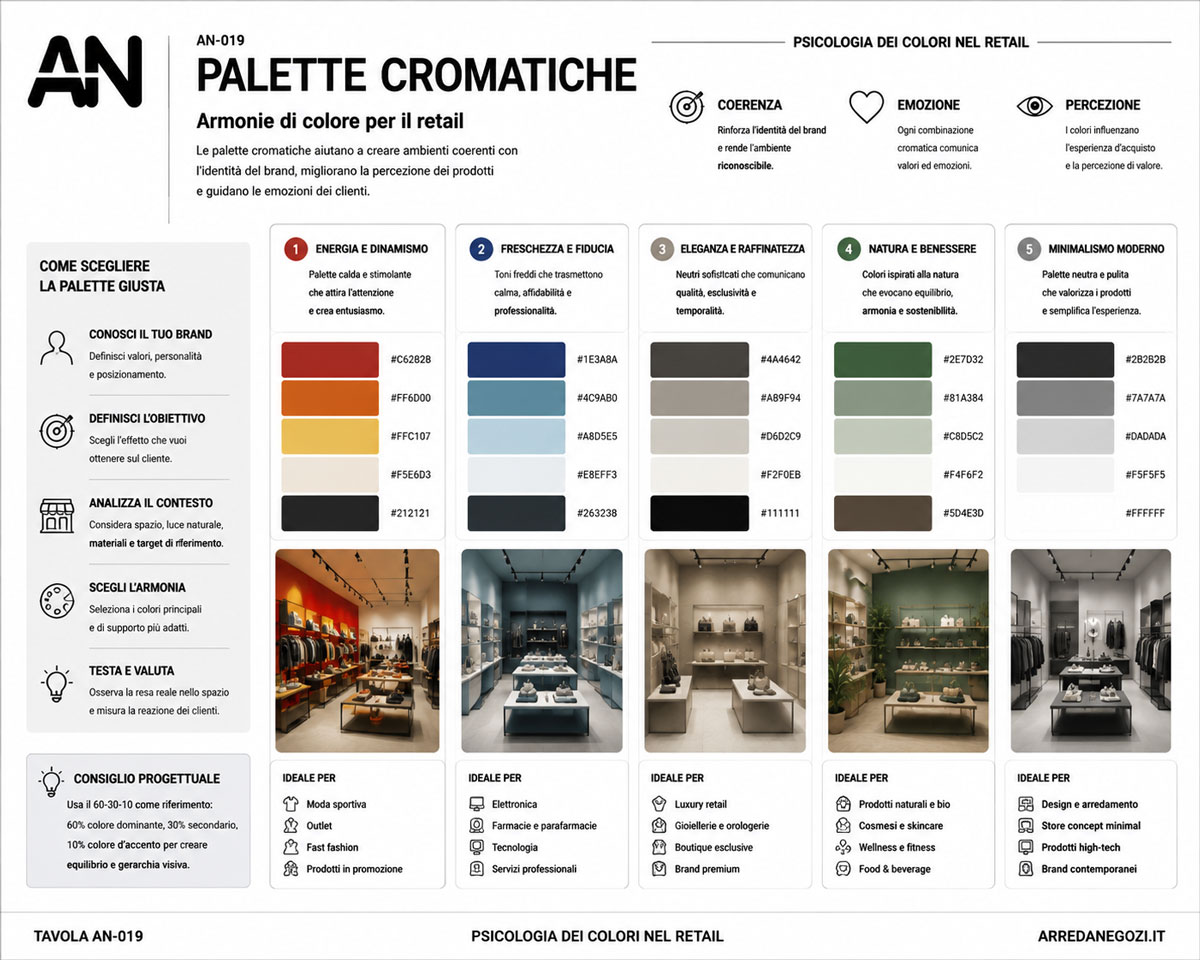 Tavola sulle palette cromatiche nel retail con colori dominanti, secondari e di accento.