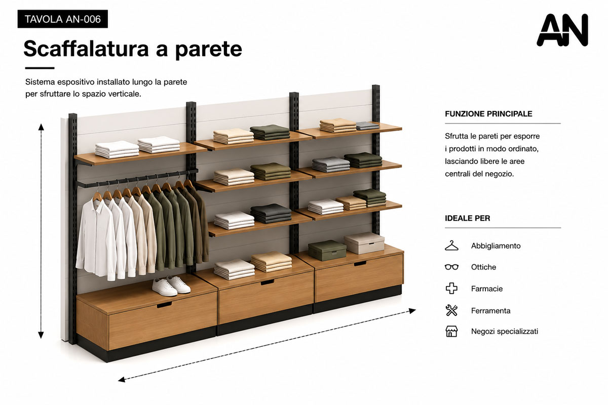 Scaffalatura a parete per arredo negozi con ripiani, appenderie e contenitori espositivi.