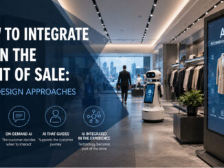 Concept di retail design con robot, display interattivo e AI integrata nel punto vendita