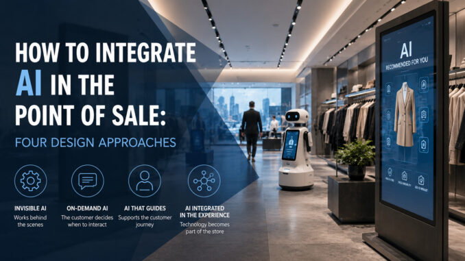 Concept di retail design con robot, display interattivo e AI integrata nel punto vendita