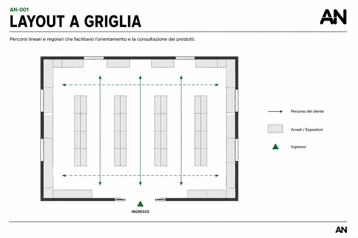 Schema del layout a griglia per un negozio.