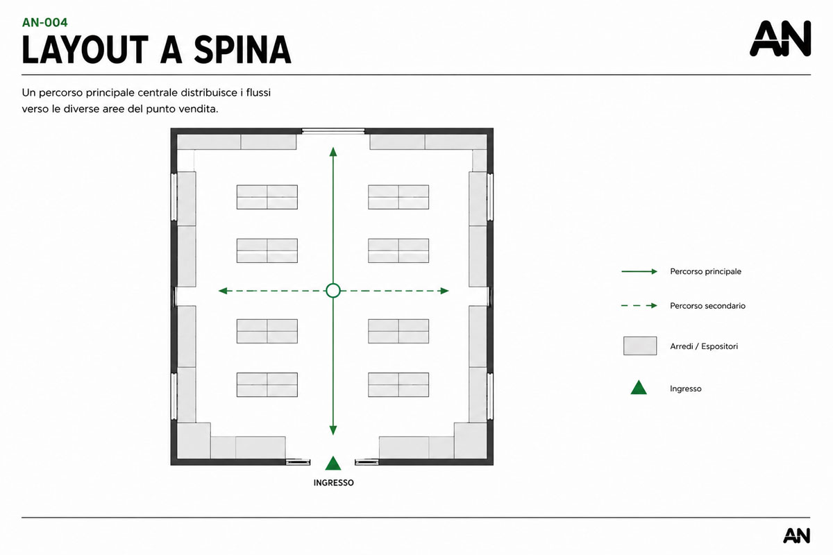 Schema del layout a spina per un negozio.