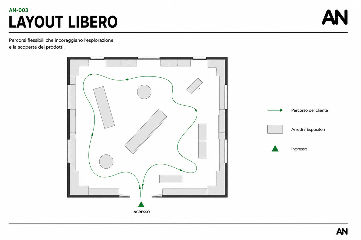 Schema del layout libero per un negozio.