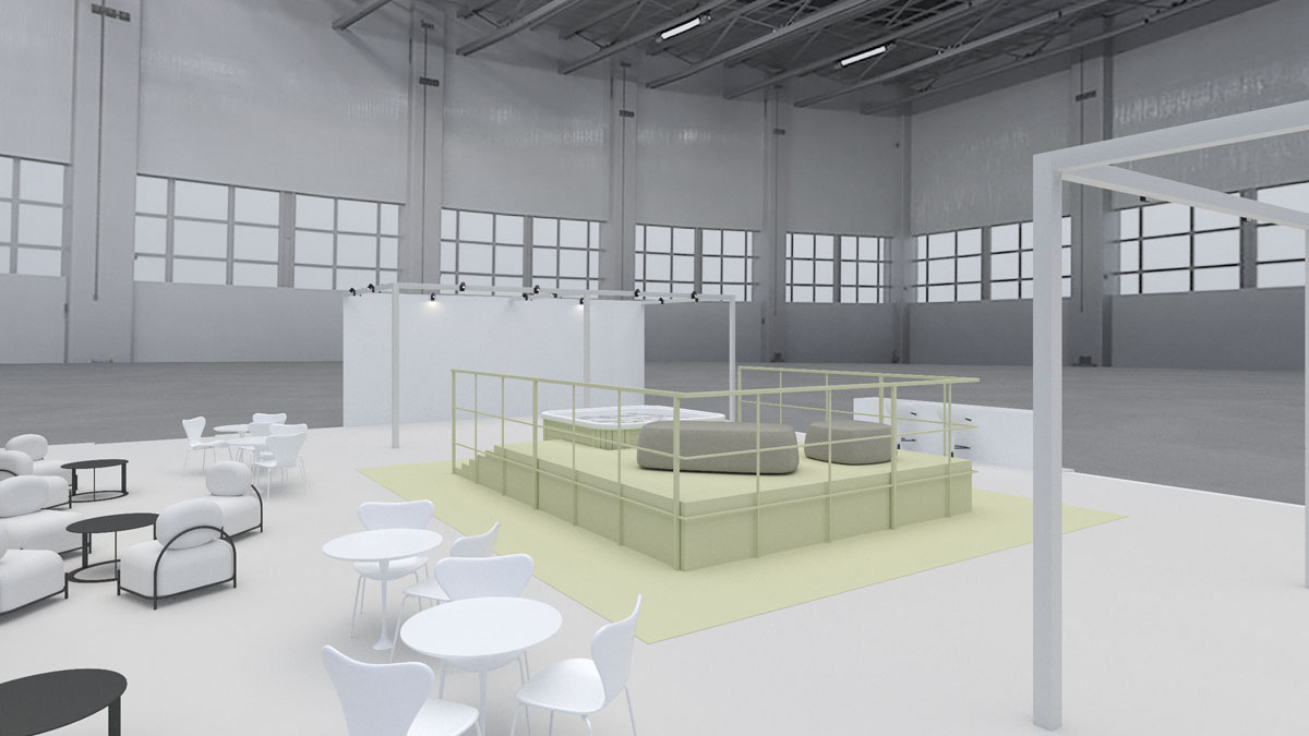 Rendering della mostra Sustainable & Inclusive Hospitality Design a InOut 2026 con ambienti wellness, lounge e soluzioni per l'accessibilitร universale