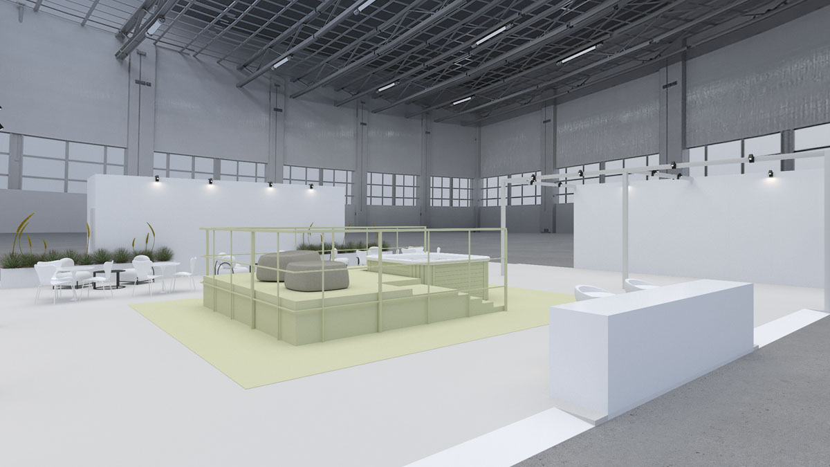 Rendering della mostra Sustainable & Inclusive Hospitality Design a InOut 2026 con ambienti wellness, lounge e soluzioni per l'accessibilitร universale
