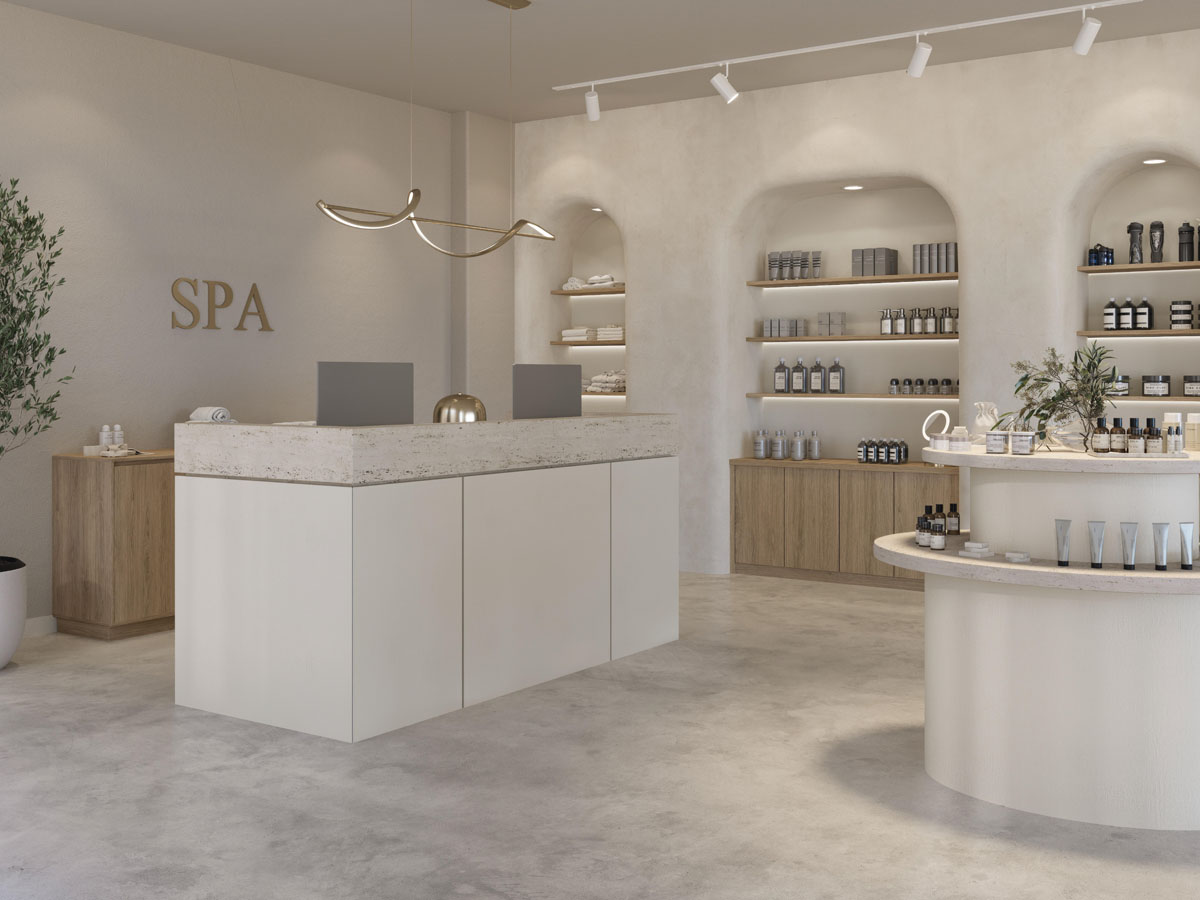 Spa reception with counter, illuminated display niches and oak-effect Tafisa ICONIQ surfaces