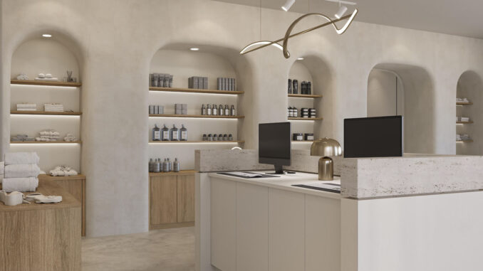 Reception SPA con arredi su misura e rivestimenti effetto rovere realizzati con superfici Tafisa ICONIQ