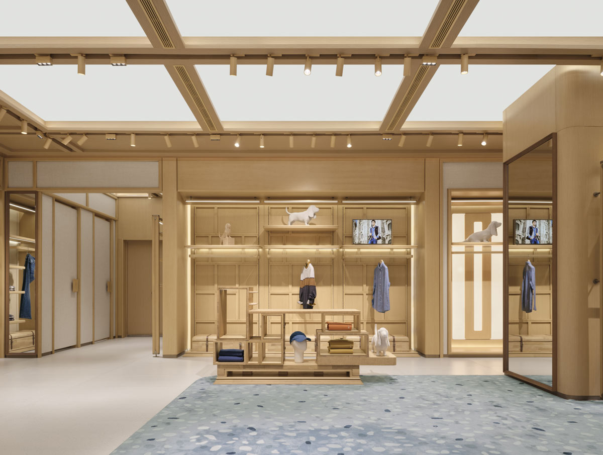 Central blue acrylic installation inside the Hush Puppies flagship store in Shanghai